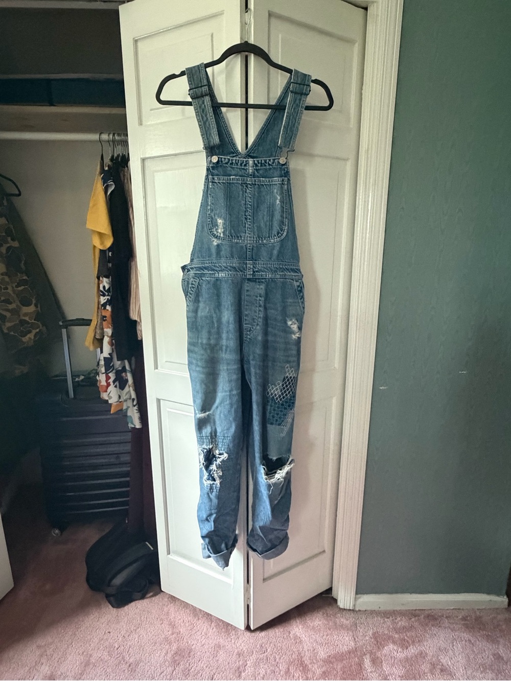 Free People Light Blue Distressed Denim Overalls